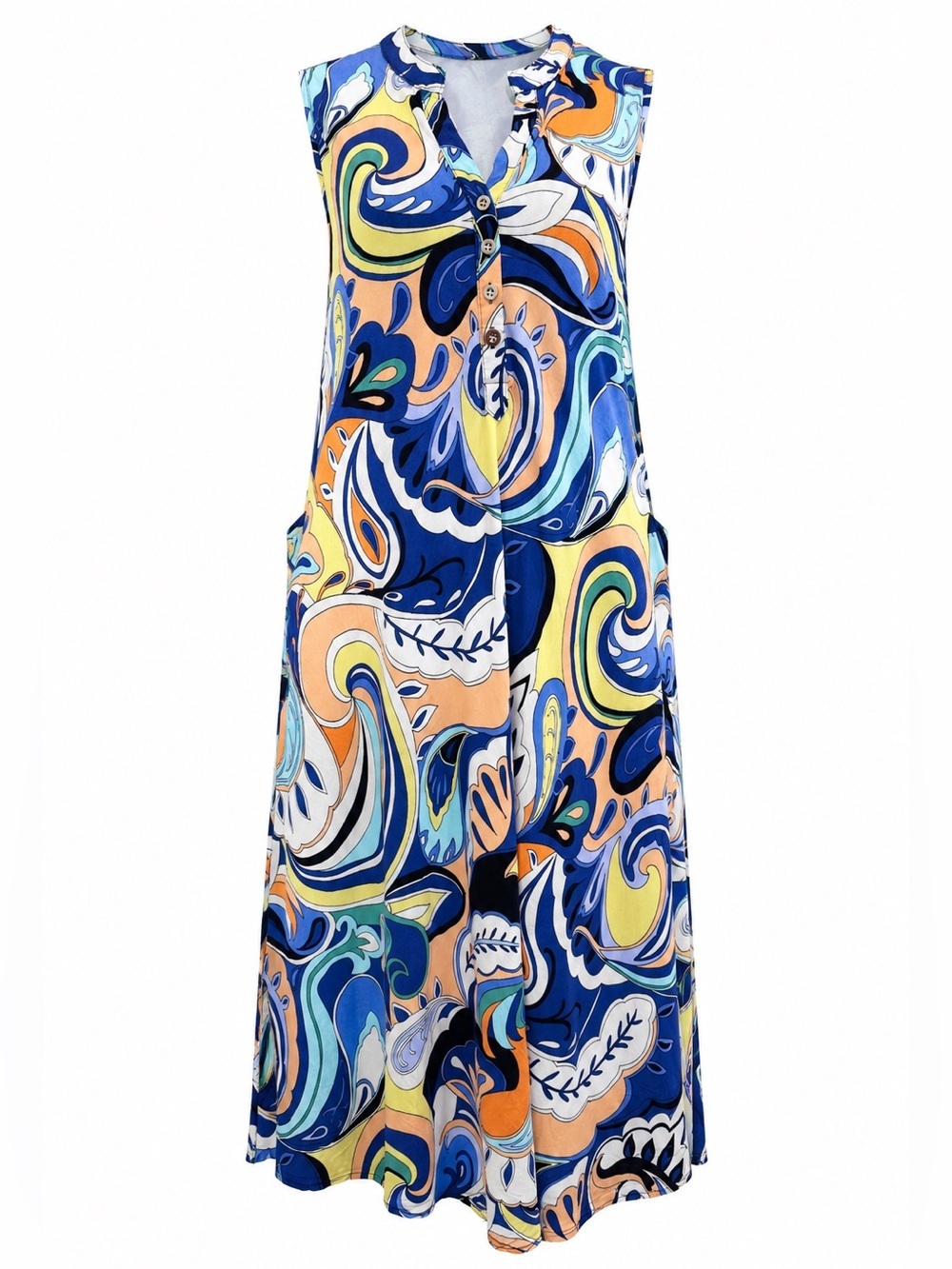 Papillon XL Abstract Print Midi Dress Blue Orange Sleeveless Viscose Boho Print